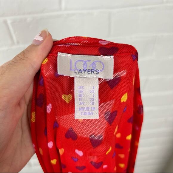LOGO Layers by Lori Goldstein Mesh Heart 3/4 Sleeve Top in Fiery Red Size L - Picture 3 of 9